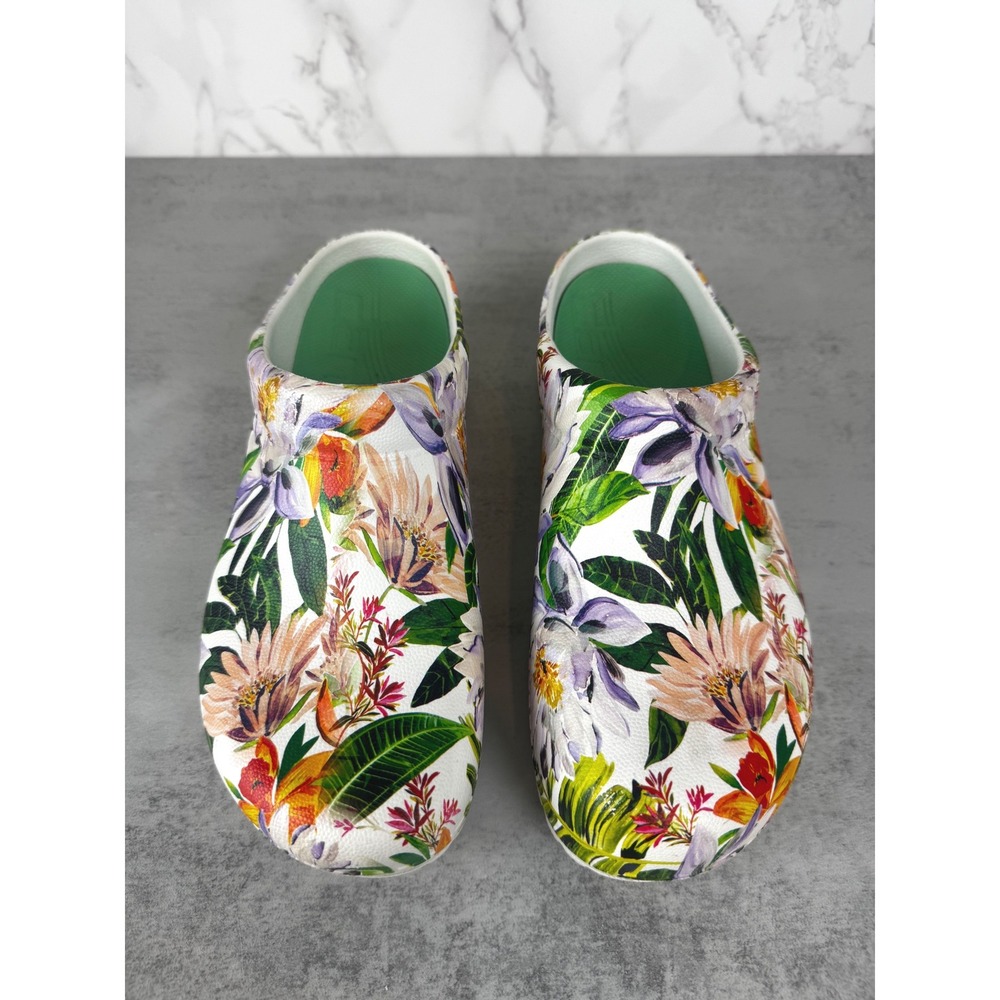 Dansko Clogs Womens 37 White Floral Kane Slip On Mule Lightweight Rubber Shoes